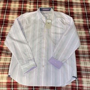 Tommy Bahama purple and white striped shirt.